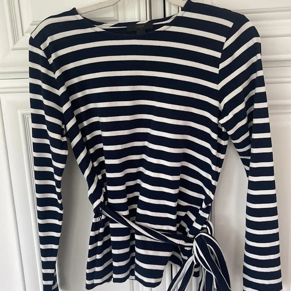J.Crew Striped belted crossback top navy white OPEN Back cotton size small - Picture 12 of 12
